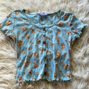 PINK ROSE FLORAL LIGHT BLUE FRILLED SHIRT